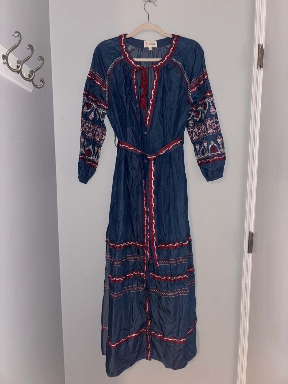 L'Atiste Blue Red Embroidered Boho Maxi Dress Belted Long Sleeve Size S